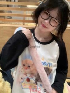 Kadın Hoodies Sweatshirts Kawaii Sevimli Yıldız Kedi Baskı O Boyun Hoodies Bahar Y2K Patchwork Kadınlar Uzun Kollu Üstler Japon Tatlı Kontrast Renk Sweatshirt