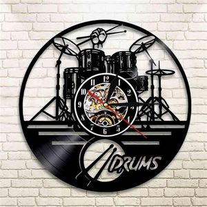 Guitar Drums Set Silhouette LED Backlight reloj Music Modern Vinyl Watch 3d Wall Clock horloge Band Member Fan Handmade Gift 21032300n