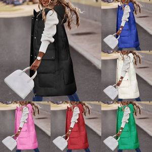 Winter Clothes Women Solid Color Sleeveless Jacket Vest Long Hoodie Warm Down Jacket With Pockets Quilted Outdoor Jacket Veste 240106