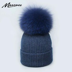 Caps beanie/skalle kepsar äkta räv päls pom poms boll skallies mössor håller varm vinterhatt för kvinnor barnflickas ullhatt stickad mössa