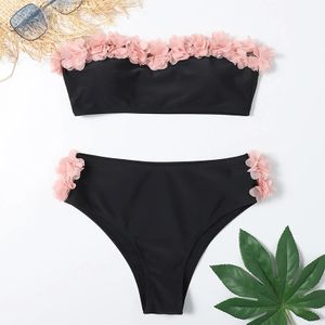 Women's Two-Piece Swimsuit Solid Color High Waist Floral Strapless Bikinis Sets Beachwear Plus Size Beach Outing Swimwear 240105