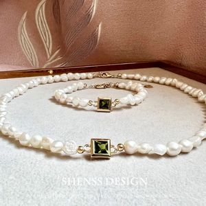 Temperament Design Natural Baroque Pearl Necklace Bracelet Customized Jewelry for Women's Green Zircon y240106