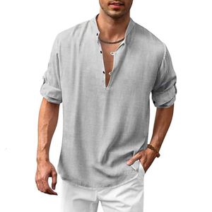 T-shirt moda uomo primavera e autunno Nuova camicia in cotone e canapa T-shirt ampia e casual da spiaggia hippie a maniche lunghe