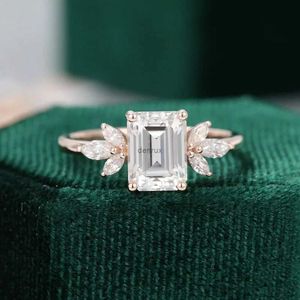 Band Rings CxsJeremy 14K Rose Gold 2ct Emerald Cut 6*8mm Moissanite Engagement Ring Vintage Unique Marquise Cut Cluster Wedding Bridal GiftL240105