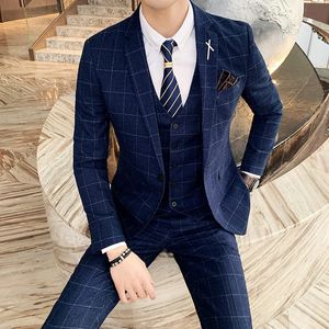 プラスサイズS-7XL BlazerPantsvest Luxury Men Suit 3ピースセットファッションブティックラティック格子室ウェディングドレスメンズタキシードスーツ240106