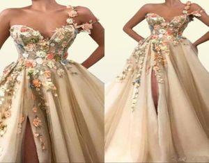 One Shoulder Tulle A Line Long Prom Dresses 3D Floral Lace Applique Beaded Split Floor Length Formal Party Evening Dresses2154279