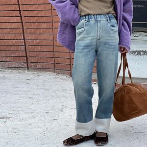 Pantolon kızlar denim pantolon polar 2024 Sonbahar ve kış çocukları vintage kot kalınlaştırılmış astarlı kot rahat basit moda pantolon