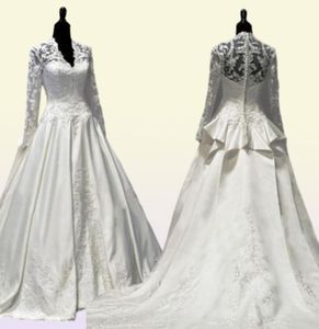 2021 Vintage Kate Middleton långa ärmar Fall Bröllopsklänningar Aline Vneck Ivory Taffeta Appliques Peplum Bridal Gowns Vestidos D7412567