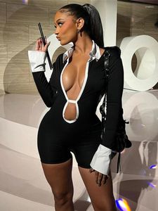 Spodnie damskie Weiyao Flip kołnierz pusty z tyłu Kontrast Kolor Slim Sumpsuit for Women Double Sexy Deep V Bandage Fashion Ubrania