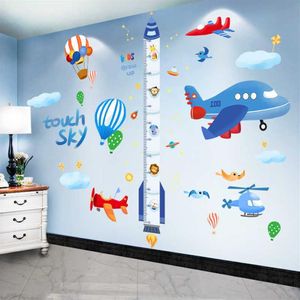 Tecknad raket höjd mät vägg klistermärken diy flygplan moln väggmålning för barn rum baby sovrum hem dekoration 210615242z