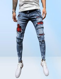 Män ren färggrid jeans grå lapptäcksdesigner hiphop byxor smala passform elastisk hiphop stil blyerts 2204084606297