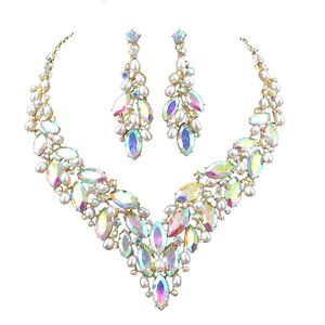Delicate Golded Pearl Crystal Necklace Earring Women Brides Bridal Wedding Party Jewellery Accessories Gift AB Marquise Glass 240106