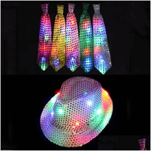 Party Hats Fashion Kids Adt Led Light Up Tie Sequin Jazz Fedora Hat Flashing Neon Party Gifts Costume Cap Birthday Wedding Carnival Dr Dhrlo