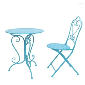 Set di mobili da campeggio dal design vintage, per esterni, giardino, patio, tavolo e sedie in metallo, balcone decorativo pieghevole blu