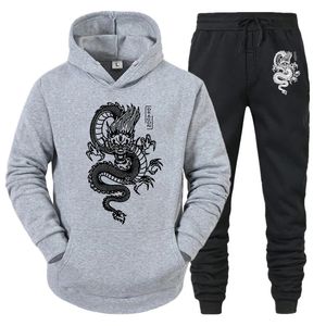 Men Tracksuit Zestaw z kapturem Spring Winter Dragon Print Casual Fleece Bluza sportowa Homme Streetwear Men Odzież 240106