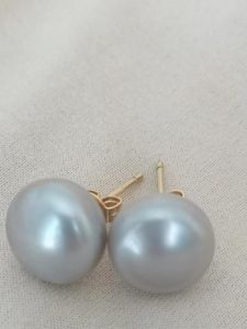 Stud Earrings Real Natural Huge 12-13mm South Sea Gray Pearl 14K YELLOW GOLD