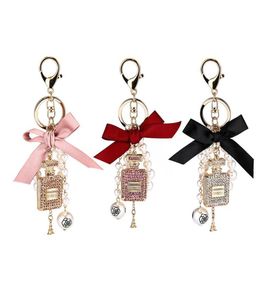 Chaveiros Moda Imitação Pérola Perfume Garrafa Chaveiro Carro Chaveiro Titular Saco Charme Pingente Acessórios Arco Keyfob Mulheres Keyri3407181