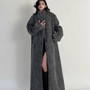 Lautaro Autumn Winter Clothe Oversized Long Casual Warm Grey Wool Blends Coat Women Maxi Fluffy Woolen Overcoat y240105