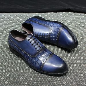 6 Eyelets Mens Dress Genuine Cow Leather Round Cap Toe Oxford Black Blue Business Office Company Formal Shoes Male