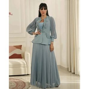 Elegant Pleats A Line Mother Of The Bride Dresses With Long Sleeves Jacket Lace Appliques Formal Wedding Guest Dress For Women 2024 Floor Length Chiffon Evening Wear