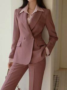 Feminino casual vintage formal pantsuit breasted blaser jaquetas sólido elegante pantalons 2 peça feminino calças de negócios outfits 240105