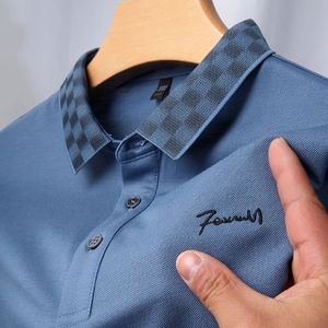 Camisa polo bordada artesanal de alta qualidade manga curta masculina moda xadrez lapela camiseta verão solta casual negócios 240106