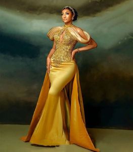 Elegant guld sjöjungfru kristaller prom klänningar pärlstav afrikansk arabisk lyx formell tillfälle klänning ärmlös långa satin kvällsklänningar för kvinnor brud mottagning slitage