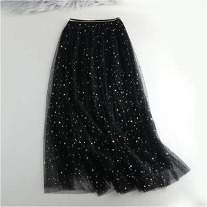 Skirts Summer Glitter Tulle Women Pleated Shiny Tutu Star Moon Aline Mesh Sequined Long Skirt Female Voile J190426