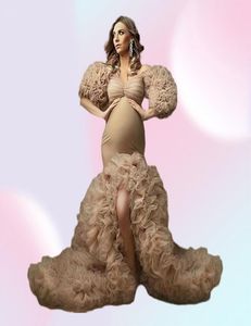 2021 Champagne Tulle Kimono Kvinnakvällsklänningar bär poshoot halv ärmar av axel prom klänningar afrikanska ruffles sjöjungfru SPL5520556