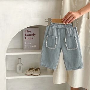 INS Baby Denim Pant 03 세포 출생 한 소년 소녀 단색 탄력적 인 허리 포켓 부드러운 청바지 자른 바닥 바닥 봄 옷 240106