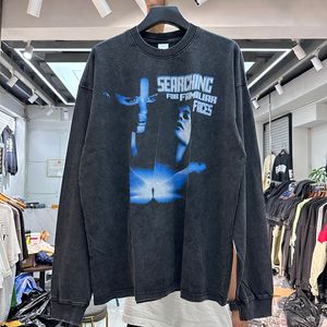 ブラックウォッシュコットンメンティーヴィンテージTシャツラウンドネック長袖Tシャツ