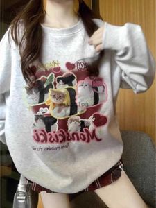 Kadın Hoodies Sweatshirts Tatlı Y2K Estetik Kore Ins Gevşek Hoodies Yeni Kawaii Sevimli Kedi Baskı O Boyun Sweatshirts Grunge Harajuku Kadın Sulakları