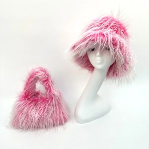 Pink European and American Large brim Faux Fur Women's Winter Warm Thickened Hat bucket hat 240106