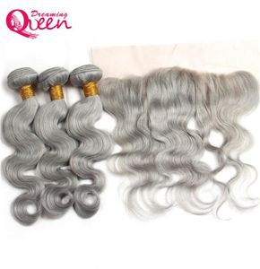 Grey Color Body Wave Ombre Brazilian Virgin Human Hair Weave Extension 3 szt. Z 13x4 koronkowym zamknięciem czołowym szary węzeł z fro9464429