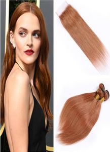 Czyste 30 pakiety włosów kasztanowych i zamknięcie prostej średniego Auburn Peruvian Virgin Human Hair Weves 3bundles z koronkowym zamknięciem 4x4qu1365225