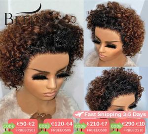 Beeos Short Curly 250 Pixie Cut Bob Wig 132 Lace Front Human Hair Wigs Brazilian Remy Human Hair Preucked with Baby Hair S082695378692