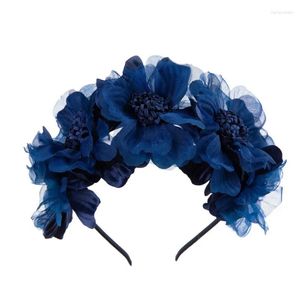 Acessórios de cabelo escuro azul flor coroa simulação guirlanda noiva grande malha bandana menina curling cabeça banda