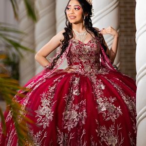 Glitter Red Quinceanera Dress Off The Shoulder Gold Appliques Lace Beads With Cape Cut-Out Sequin For 15 Girls Ball Formal Gowns