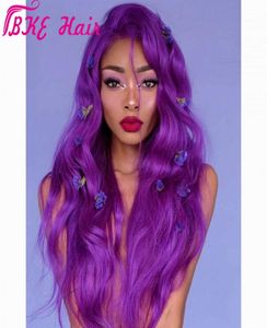 Longa peruca dianteira do laço sintético roxo onda profunda peruca para mulher parte lateral fibra resistente ao calor natural cosplay wig3785154