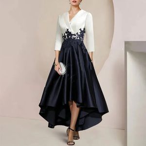 Elegant White Black Mother of the Bride Dress V-Neck 3/4 Sleeves Satin Lace Appliques A-Line Wedding Guest Party Skirt for Women YD