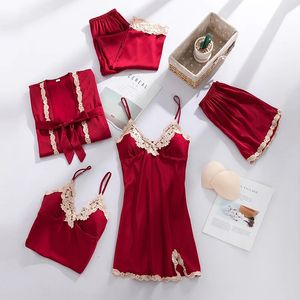 Sexy V-Neck Lace Sleepwear Women's Silk Satin Pyjamas Suit With Bra Intimate Home Clothes Spring Casual Autumn Nightwear 240106