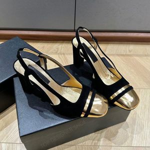 Yeni Süet Altın Patchwork Siyah Slingback Pompalar Ayakkabı Kadın Kare Toe Tıknaz Blok Topuk Sandalları Sırt Lüks Tasarımcı Yüksek Toplu Tasarımcı 90mm Kutu