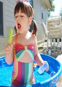 Neue Sommer Kinder Schwimmen Kostüme Bowknot Bunte Streifen Strampler Einteilige Badeanzug Mädchen Badeanzüge Nette Kinder Bademode Baby8901735