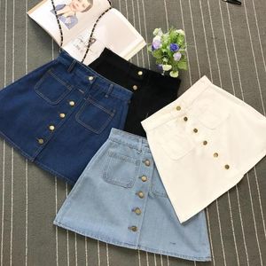 Skirts On sale 2019 summer Womens ladies Aline Jeans Skirt Button High Waist Denim small pockets Skirt harajuku mini high quality jean