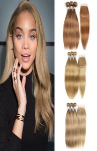 3 wiązki z końcami koronki 4x4 Indian ludzki splot włosów kolor 8 27 miód blondynka 30 Brown Auburn Precholored Remy Hair Extension1847356