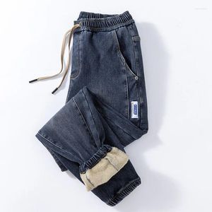 Men's Jeans 105KG 5XL Winter Denim Plush Fleece Lining Warm Pants Teenage Ankle-Tied Trousers 4XL Son Casual 1801A