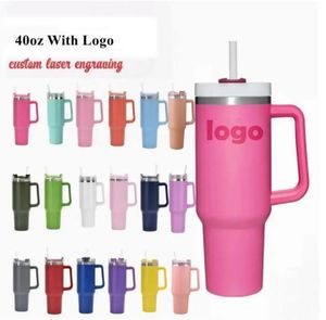US stock WITH LOGO 40oz Hot Pink Mugs Stainless Steel Tumblers Mugs Cups Handle Straws Big Capacity Beer Water Bottles Outdoor Camping Clear/Frosted Lids B0106