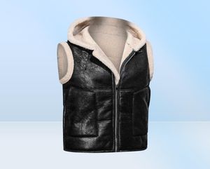 2022 Men Autumn and Winter New Vest Faux päls fast färg blixtlås med huven pu läder väst J22072252364444762325