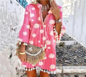 Sıradan Elbiseler Boho Vintage Seksi Kadınlar Yaz Elbise Pembe Çiçek Baskı Gevşek Artı Beden Sundress Partisi Mini 2022 Ropa De Mujer1029612