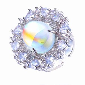 Band Rings Romantic Stylish Heart Accent CZ Imitated Oval Opal Flower Cluster Rings Art Deco Cocktail JewelryL240105
